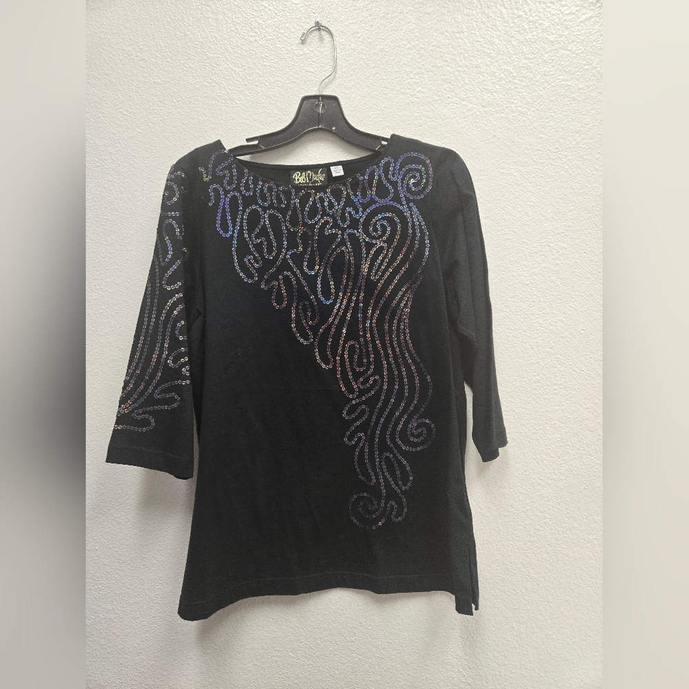 Bob Mackie Black Top | Wearable Art Iridescent Sequin Design